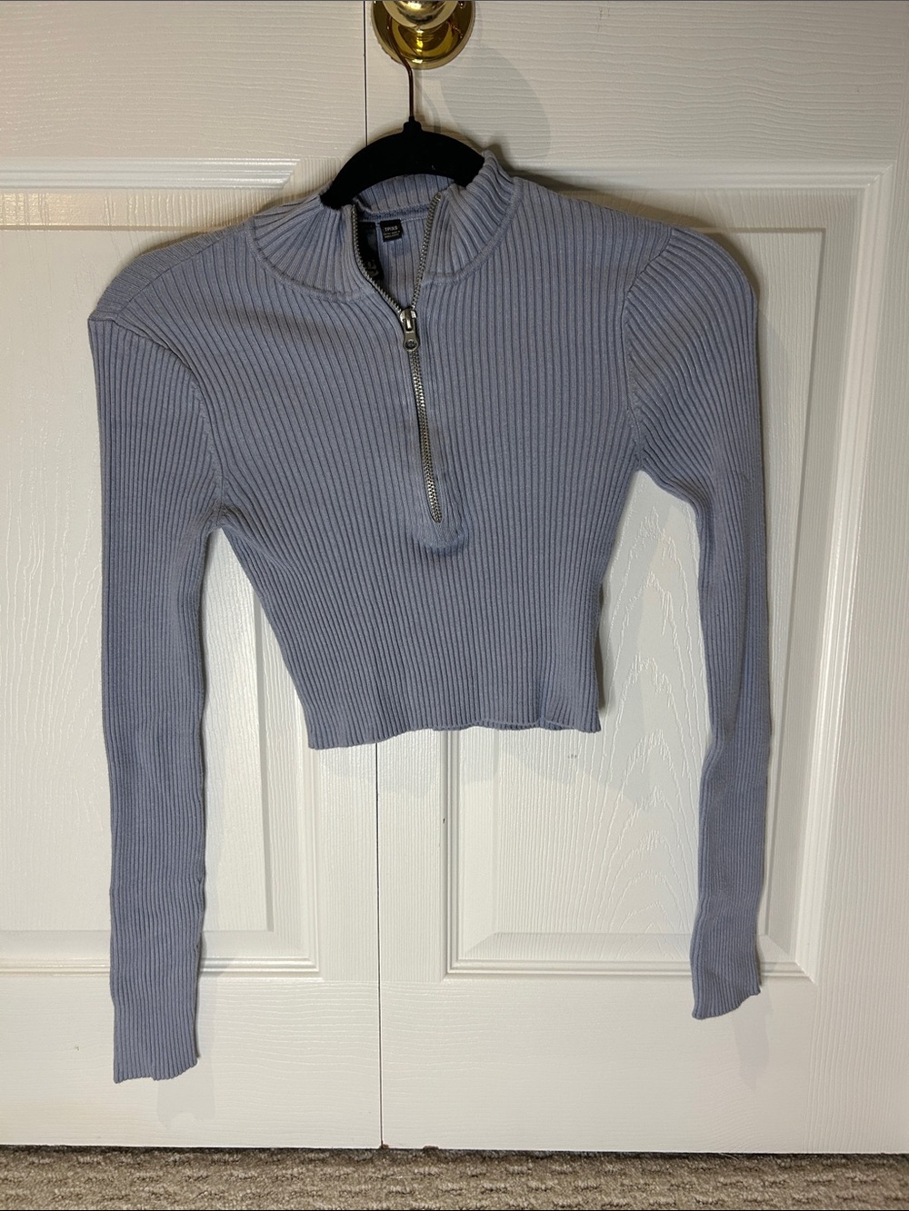 Garage Ribbed Half-Zip Cropped Long Sleeve Top - Light Blue